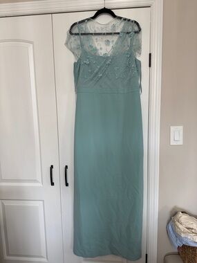 Theia Pale Aqua Beaded Sheer Yoke Maxi Dress